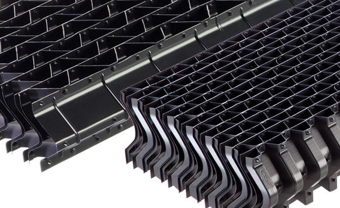 "Close-up of a Drift Eliminator for CCT, showcasing the alternating corrugated PVC sheets designed for optimal droplet capture."